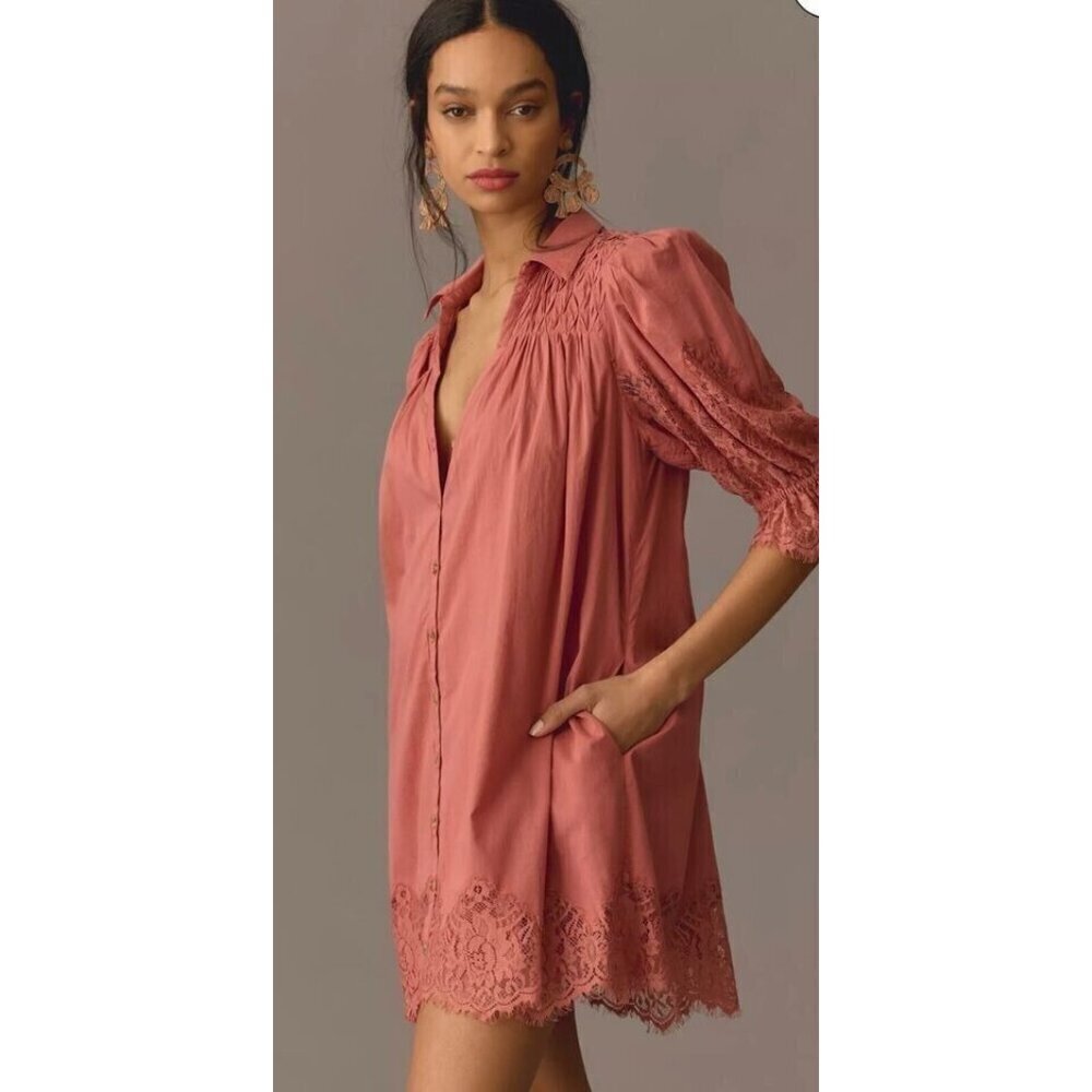 By Anthropologie SM Lace Tunic Dress Clay/ mauve earthy short sleeve Romantic - Picture 3 of 15